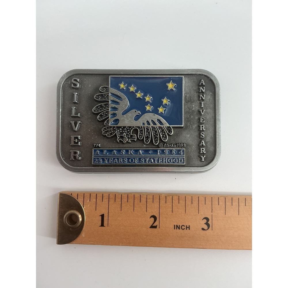 Vintage Alaska 1984 Silver Anniversary Belt Buckle 25 Years Statehood Eagle 1983
